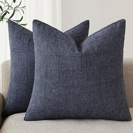 Foindtower Set of 2 Decorative Linen Check Throw Pillow Covers Neutral Farmhouse Vintage Cushion Covers Modern Boho Home Decor for Sofa Chair Couch Bedroom Living Room,16×16 Inch,Navy Blue