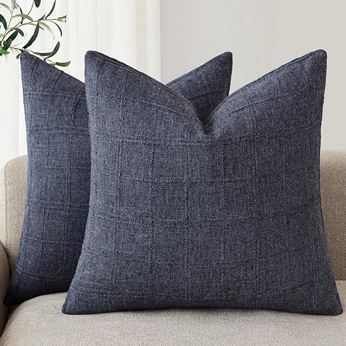 Foindtower Set of 2 Decorative Linen Check Throw Pillow Covers Neutral Farmhouse Vintage Cushion Covers Modern Boho Home Decor for Sofa Chair Couch Bedroom Living Room,18×18 Inch,Navy Blue