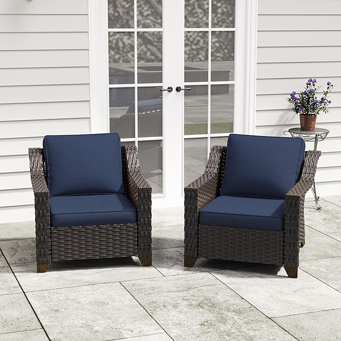 Patio 2 Pieces Wicker Chairs Set of 2，Outdoor PE Rattan Armchairs, Water-Resistant Cushions with Removable and Washable Covers, Porch, Balcony, Sunroom (Navy Blue)