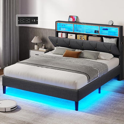 LED Full Bed Frame with Charging Station, Full Size Bed Frame with Storage Headboard, Modern Upholstered Platform Bed with Shelf Headboard, Noise-Free, Dark Grey