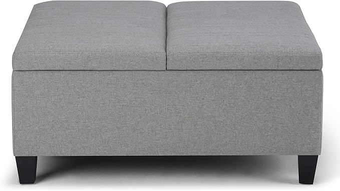 SIMPLIHOME Ellis 36 inch Wide Contemporary Square Coffee Table Storage Ottoman in Dove Grey Linen Look Fabric, Assembled, For the Living Room and Bedroom