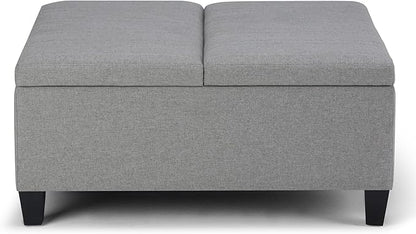 SIMPLIHOME Ellis 36 inch Wide Contemporary Square Coffee Table Storage Ottoman in Dove Grey Linen Look Fabric, Assembled, For the Living Room and Bedroom