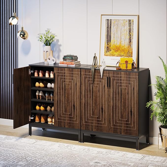 LITTLE TREE Shoe Cabinet with Doors, 20 Pairs Entryway Shoe Storage Cabinet Modern Storage Organizer for Closet, Living Room, Bedroom (Brown/Black)