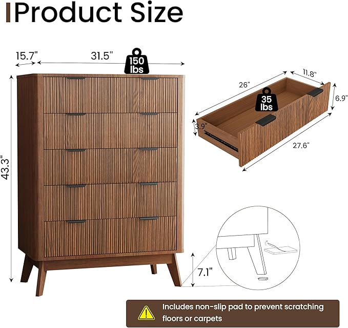 SUNWAVE Fluted 5 Drawer Dresser for Bedroom, 43.3" Tall Dressers with Round Corner, Mid-Century Modern Wood Chest for Living Room, Entry