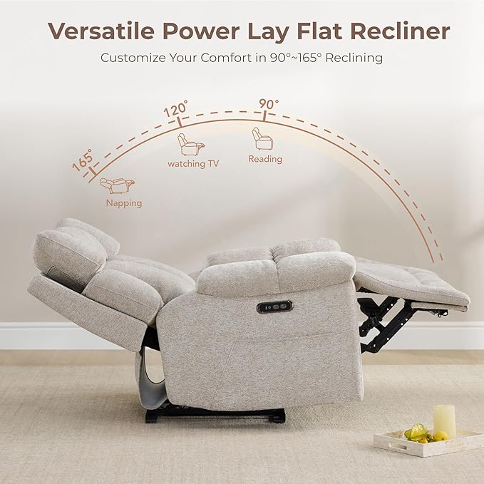 CHITA Oversized Power Recliner Chair with Bluetooth Speakers for Adults, Lay Flat Recliner with Power Lumbar Support, Manual Winged Headrest and USB & Type-C Charging Ports, Taupe