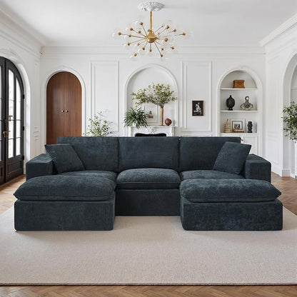 108" Sectional Couches for Living Room Boneless Couch Upholstered Cloud Couch Sectional Modular Sectional Sofa with L Shaped (Chenille-Blue, 3 Seat+2 Ottoman)
