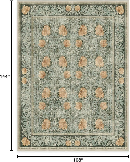 RUGGABLE x Morris & Co Washable Area Rug – Pimpernel Vintage Green 9x12, Stain-Resistant, Non-Slip – Large Machine Washable Rugs for Living Room, Bedroom, Hallway, Entryway & Office–with Standard Pad