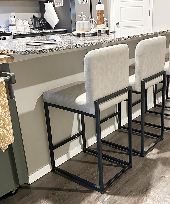 ALPHA HOME 24 Inch Bar Stools Set of 2, Kitchen Counter Stools with Backs, PU Leather Barstools, Kitchen Stools with Back&Upholstered Footrest, Sturdy Chromed Metal Steel Frame, Light Gray