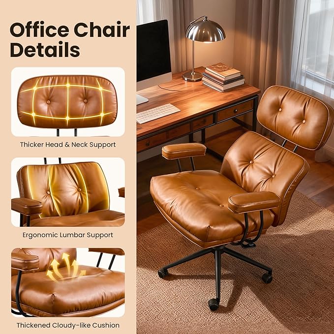 Home Office Desk Chair, Mid-Century Modern Office Chair with Adjustable Lumbar Support, Thickened Cushion Executive Desk Chair with 360 Rolling Swivel for Meeting Game Study Room(Brown)
