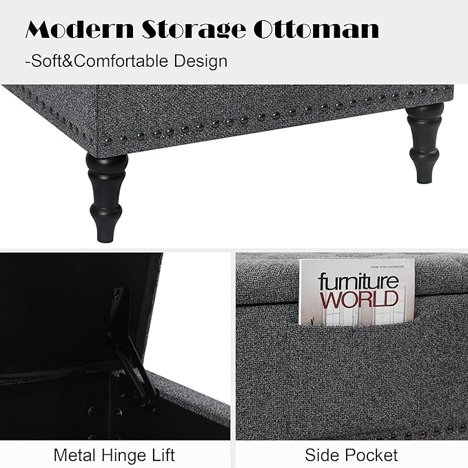 Square Ottoman with Storage Tufted Upholstered Storage Ottoman Square Coffee Table Ottomans with Legs 28’’ Large Fabric Footrest Ottomans Stool with Lift Top for Living Room Grey