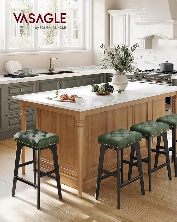 VASAGLE Bar Stools Set of 4, Saddle Counter Height Bar Stools, 26-Inch Backless Kitchen Stools with Wood Legs, PU Leather Thickened Upholstered Barstools for Kitchen Island Dining Room, Forest Green