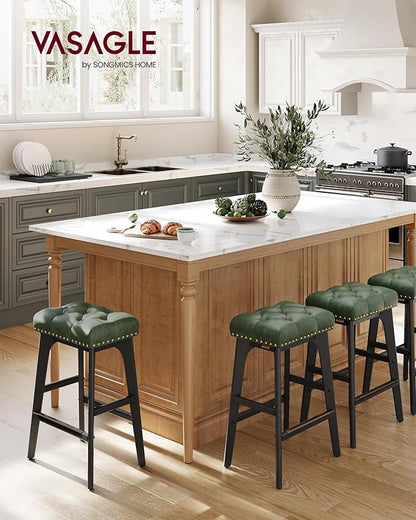 VASAGLE Bar Stools Set of 4, Saddle Counter Height Bar Stools, 26-Inch Backless Kitchen Stools with Wood Legs, PU Leather Thickened Upholstered Barstools for Kitchen Island Dining Room, Forest Green