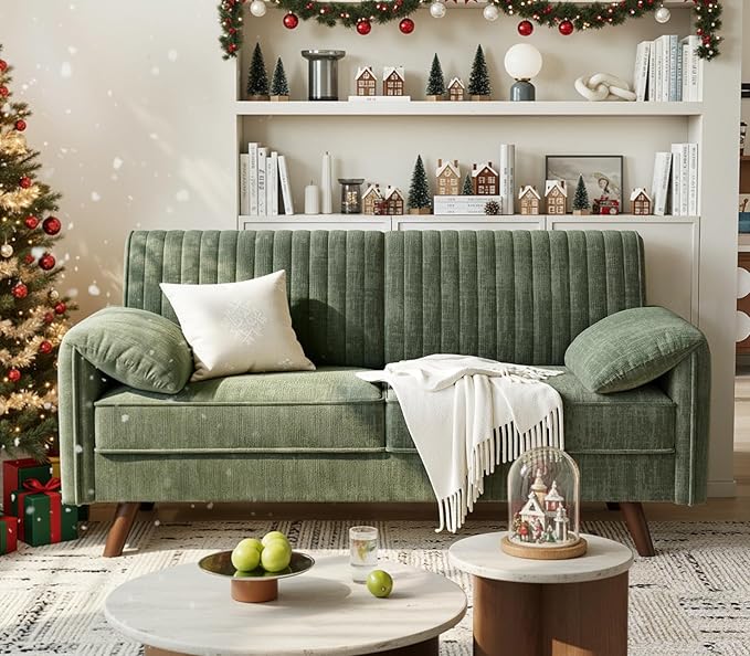 ONBRILL 64.5" Loveseat Sofa, Chenille Loveseat Couch for Living Room, 23.2" Deep Seat Love Seat with Padded Arms, Comfy Modern Small Couches for Bedroom, Small Spaces, Dorms, Office, Green