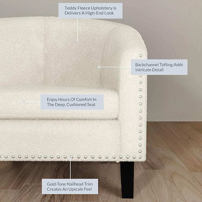BELLEZE Living Room Chair, Upholstered Accent Chair, Barrel Club Chair with Silver Nail Head Trim & Black Legs, for Living Room Bedroom Reception Room- Kyara (White/Polyester)