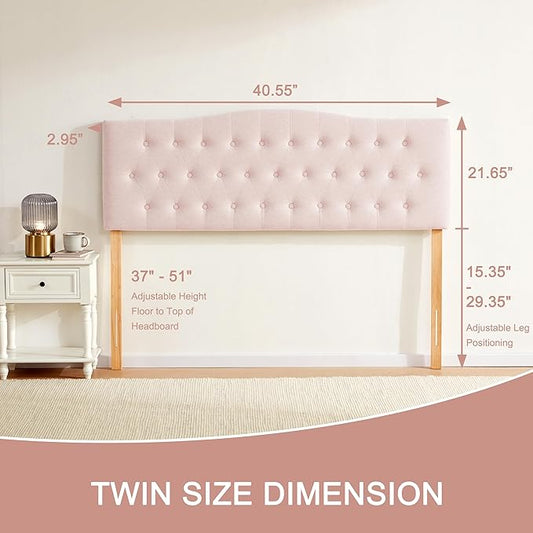 Tufted Upholstered Headboard Twin Size, Sturdy and Durable Solid Wood Bed headboard, Fabric Headboard Adjustable Height from 37” to 51”, Modern Button Diamond Design Head Board, Pink