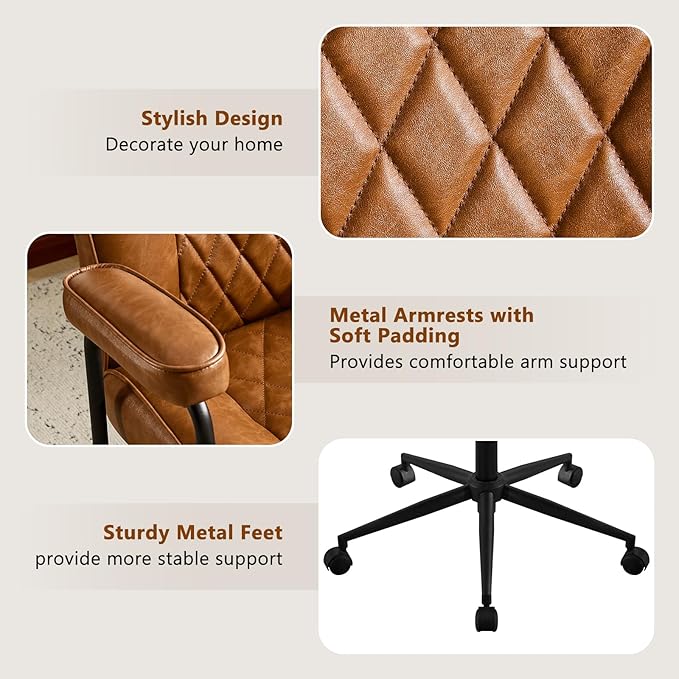 Leather Home Office Desk Chairs, Comfy Office Chair, Mid Century Modern Office Chair with Lumbar Support, Mid-Back Adjustable Swivel Computer Chair with Wheels and Arms, Brown