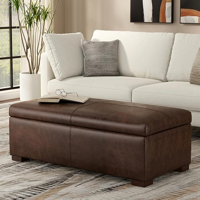 SIMPLIHOME Gabbie 48 inch Wide Contemporary Rectangle Rectangular Storage Ottoman in Distressed Chestnut Brown Vegan Faux Leather, Assembled, For the Living Room, Entryway and Family Room