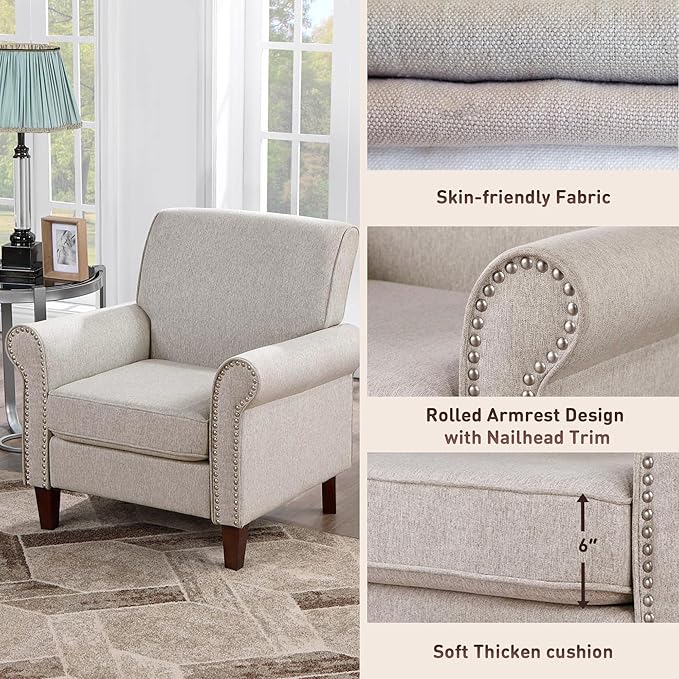 Prilinex Upholstered Living Room Chair Set of 3 - Large Comfy Fabric Accent Chair Single Sofa with Cushion, Rolled Armrest & Nailhead Trim, Mid Century Farmhouse Armchair for Bedroom, Office, Beige