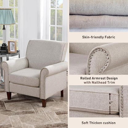 Prilinex Upholstered Living Room Chair Set of 4 - Large Comfy Fabric Accent Chair Single Sofa with Cushion, Rolled Armrest & Nailhead Trim, Mid Century Farmhouse Armchair for Bedroom, Office, Beige