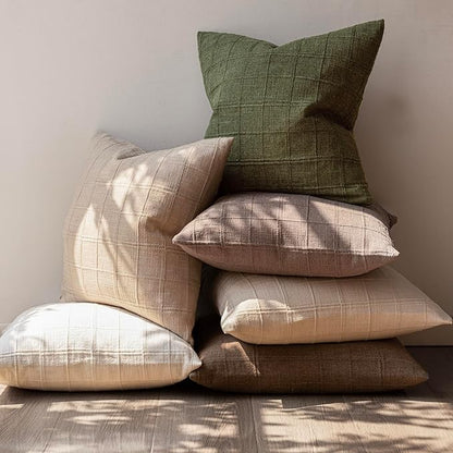 Foindtower Set of 2 Decorative Linen Check Throw Pillow Covers Neutral Farmhouse Vintage Cushion Covers Modern Boho Home Decor for Sofa Chair Couch Bedroom Living Room,16×16 Inch,Olive Green