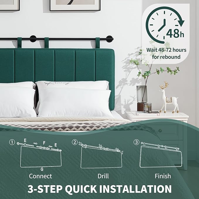 UEV Queen Headboard Only, Wall Mounted Hanging Upholstered Bed Head Board, Modern Vertical Channel Design of Fine Linen, Elegant Dark Green Fluted Headboard for Bedroom (Dark Green, Queen Size)