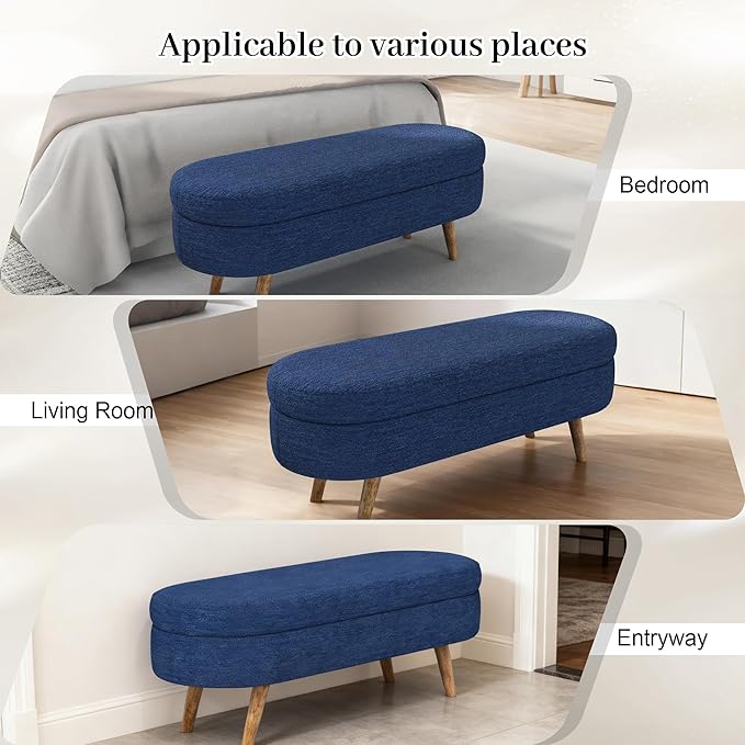 Storage Ottoman Bench 43" Storage Bench for Bedroom, Upholstered Soft Boucle Fabric End of Bed with Safety Hinge Solid Wood Legs Foot Stool Benches for Hallway,Closet,Oval, Entryway, Blue