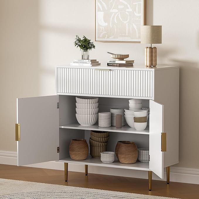 Coffee Bar Cabinet with 2 Doors & Drawer, Sideboard Buffet with Adjustable Shelves, Accent Liquor Cabinet with Storage, Console Table for Living Dining Room, White