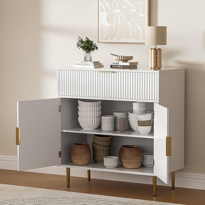 Coffee Bar Cabinet with 2 Doors & Drawer, Sideboard Buffet with Adjustable Shelves, Accent Liquor Cabinet with Storage, Console Table for Living Dining Room, White