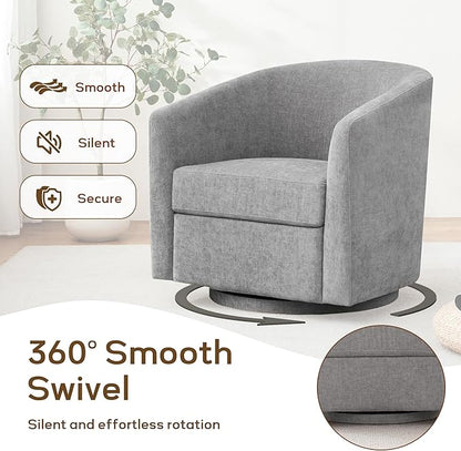 Chenille Swivel Accent Chair, Living Room Chairs, No Assembly Upholstered Armchair, 360°Rotating Barrel Chair for Bedroom, Apartment & Reading Nook (1, Light Grey)