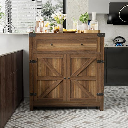JUMMICO Coffee Bar Cabinet Farmhouse Kitchen Sideboard Buffet Cabinet with Drawer and Adjustable Shelf Barn Door Storage for Kitchen, Dining Room, Bathroom, Entryway (Brown)