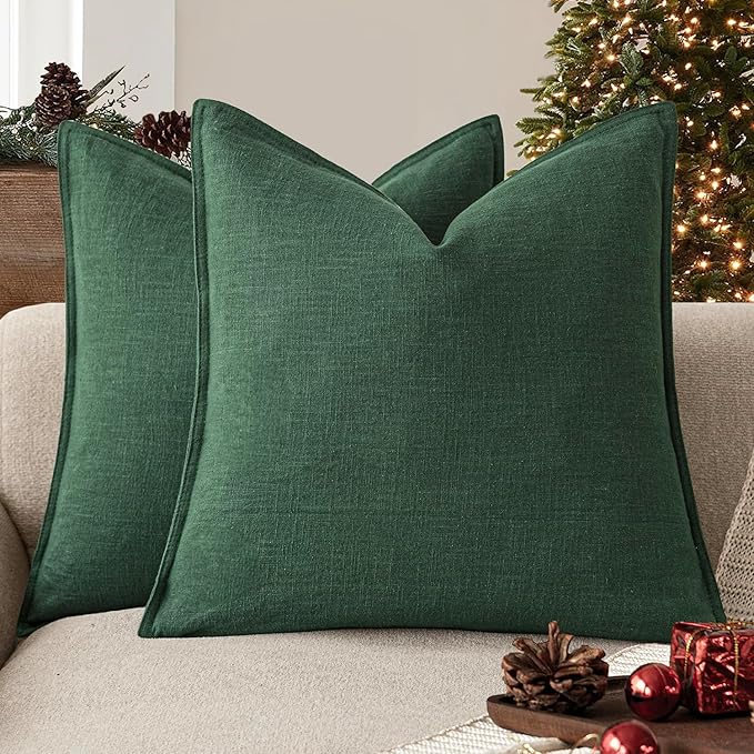 Foindtower Set of 2, Decorative Linen Soild Throw Pillow Covers Soft Accent Euro Cushion Case Farmhouse Neutral Pillowcase for Chair Couch Sofa Bedroom Living Room Home Decor 20 x 20 Inch Pine Green