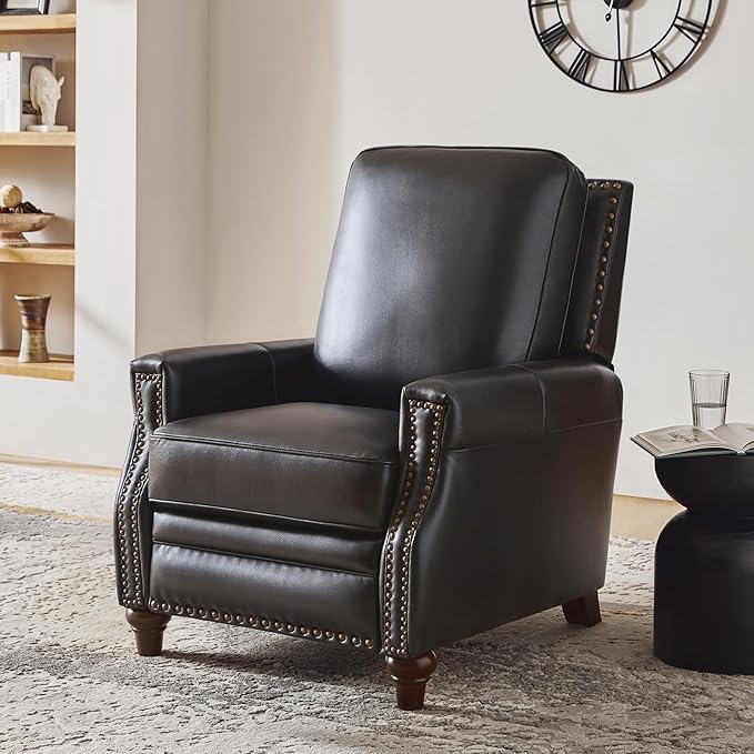 HULALA HOME Genuine Leather Recliner Chair Set of 2, Push Back Recliner Armchair with Thick Seat and Backrest(Black)