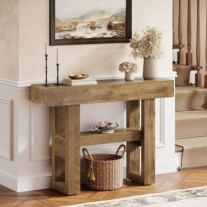 Tribesigns 41.34-Inch Farmhouse Console Table, 2-Tier Narrow Sofa Table Behind The Couch, Entryway Furniture with Storage Shelves for Hallway Foyer Living Room, Light Brown