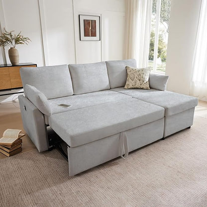 Waxberry Sectional Sofa Couch, Pull Out Couch Sleeper Sofa Bed with Storage for Living Room, Reversible Chaise, Side Pockets & Dual USB/Type-C Ports, Gray
