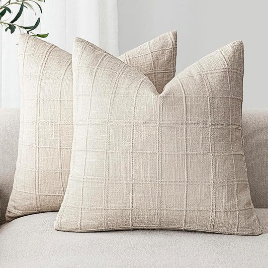 Foindtower Set of 2 Decorative Linen Check Throw Pillow Covers Neutral Farmhouse Vintage Cushion Covers Modern Boho Home Decor for Sofa Chair Couch Bedroom Living Room,20×20 Inch,Natural Beige
