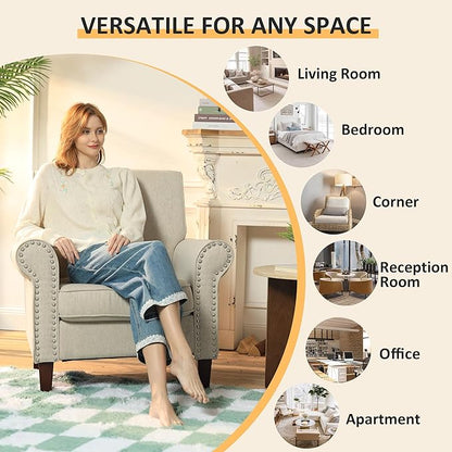 PrimeZone Comfy Accent Chair, Mid-Century Modern Fabric Living Room Chair Reading Chair with Soft Cushion, Nailhead Trim & Rolled Armrest, Arm Chair Sofa Chairs for Bedroom Waiting Room Office, Beige