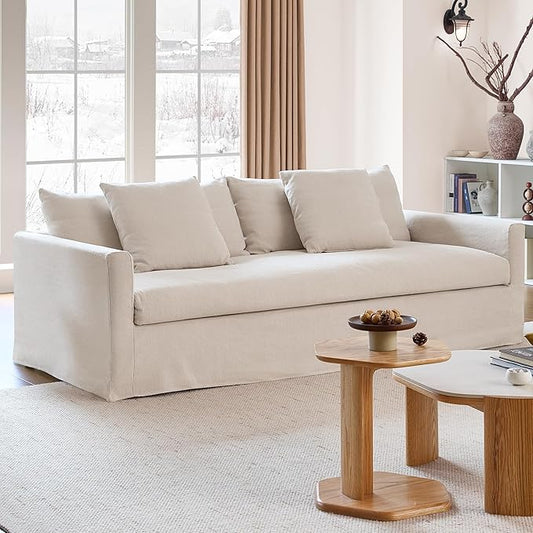SICOTAS 90.5" Modern Sofa with Deep Seat, Large Down-Filled Cloud Couch with 4 Pillows & Solid Wood Frame, Oversized 3 Seater Sofa Comfy Sleeper Couches for Living Room, Apartment, Beige
