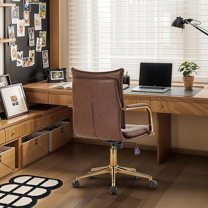 MOJAY Mid-Back Ergonomic Leather Office Desk Chair, Modern Upholstered Computer Chair, Executive Office Chair with Arms, Swivel Adjustable Rolling Chair with Gold Base (Brown)