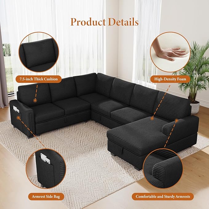 Vesgantti 113.6" Modular Sectional Sofa with Pull Out Couch Bed, 7 Seater U Shaped Sleeper Sofa with Storage Chaise, Corduroy Sectional Couch for Living Room, Bedroom, Apartment, Black