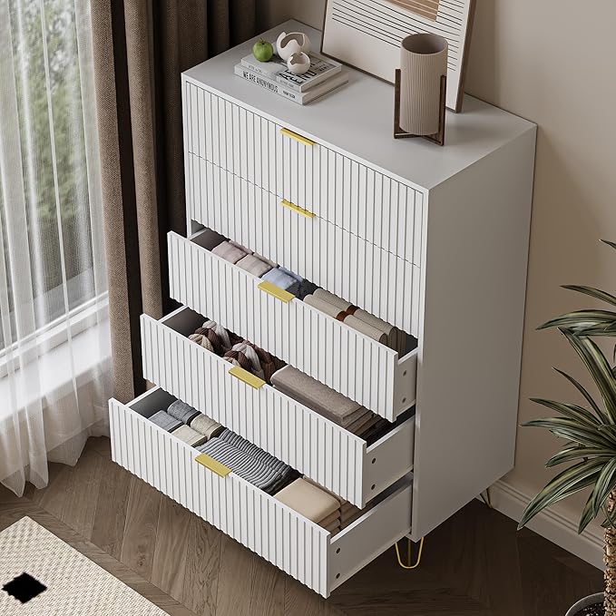 5 Drawers Dresser for Bedroom, 47" Tall Modern Chest of Drawers with Gold Handle, Fluted Wood Dresser for Bedroom, Living Room, Hallway, Entryway, White