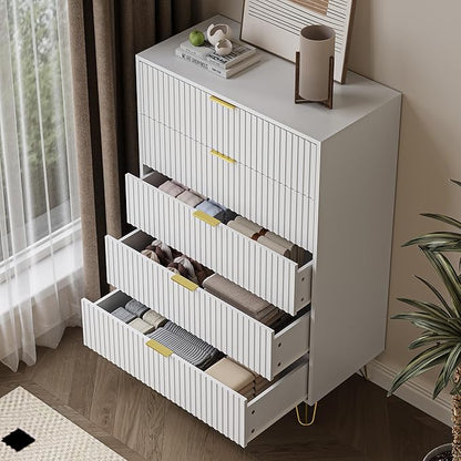 5 Drawers Dresser for Bedroom, 47" Tall Modern Chest of Drawers with Gold Handle, Fluted Wood Dresser for Bedroom, Living Room, Hallway, Entryway, White