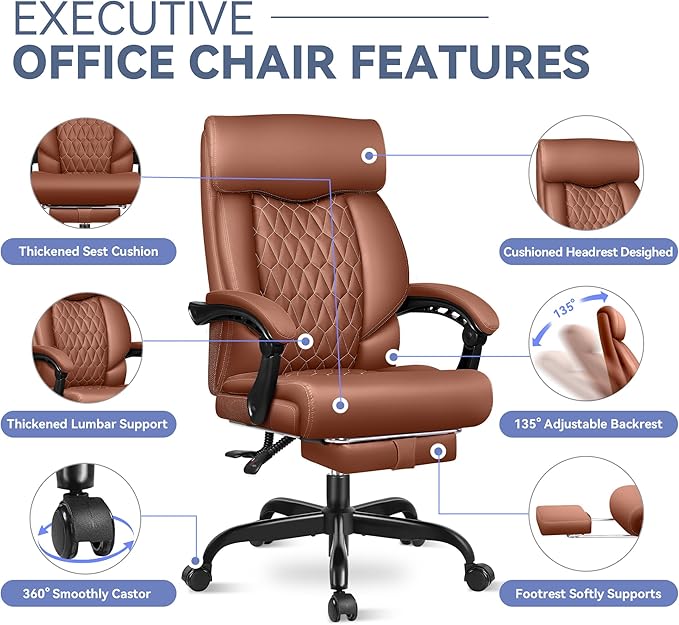 Big and Tall Executive Leather Reclining Office Chair with Footrest and Lumbar Support
