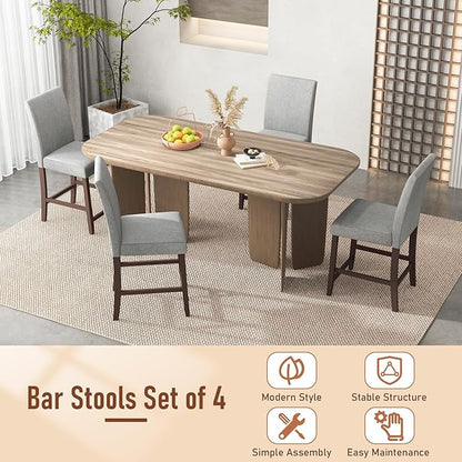 COSTWAY Counter Height Bar Stools Set of 4, 24'' Upholstered Mid Century Modern Island Chairs with Rubber Wood Legs, Wooden Barstools for Kitchen, Dining Room, Bar, Restaurant (Light Grey)