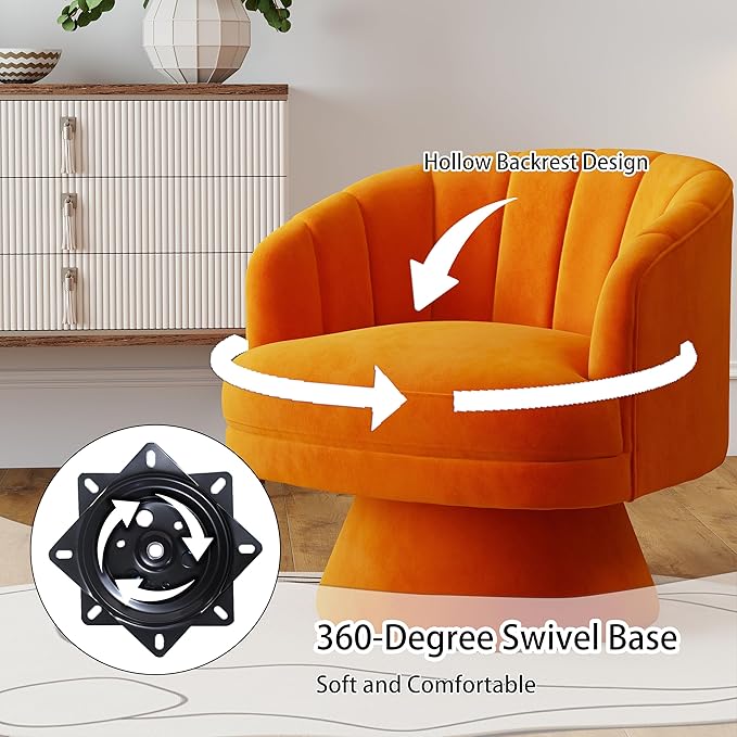 Swivel Accent Chair,Upholstered Velvet 360° Swivel Barrel Chair for Living Room Overstuffed Bouncle Reading Chair Round Armchair for Bedroom,Vanity,Office (Orange)
