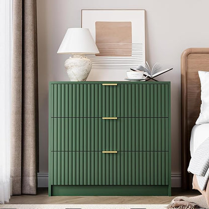 3-Piece Dresser Bedroom Set, 6 Drawer Dresser & 3 Drawer Nightstands with Gold Handles, Fluted Wood Chest of Drawers for Bedroom, Living Room, Entryway, Green