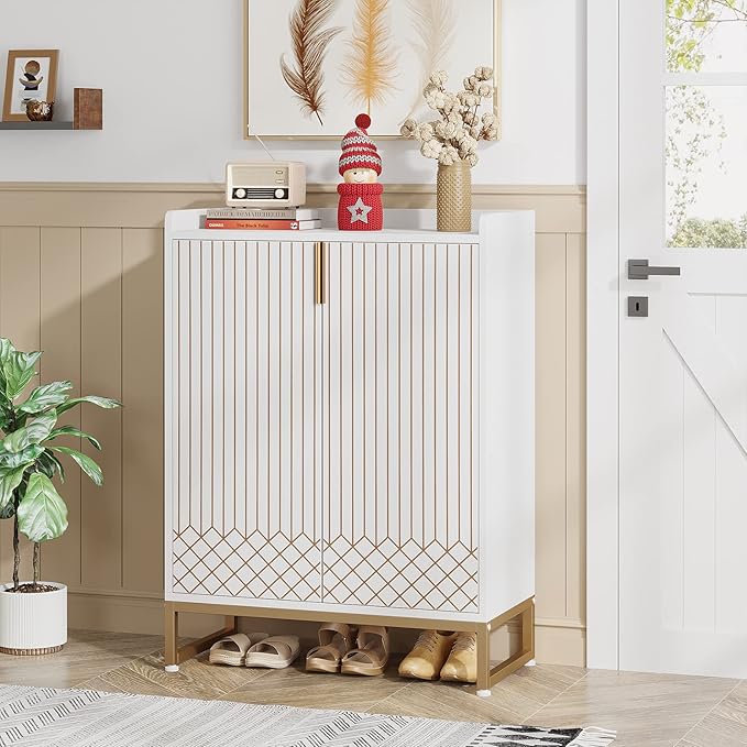Tribesigns Shoe Cabinet with Doors, 5 Tiers Shoe Storage Cabinet for Entryway, 25 Pairs Wooden Shoe Cabinets, Modern Shoe Organizer Storage for Living Room, Bedroom, Hallway, Closet, White