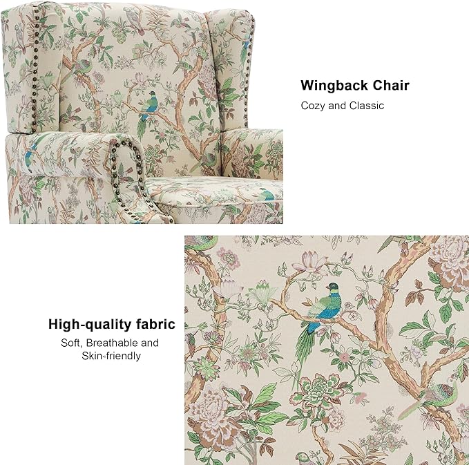 Accent Chair, Upholstered High Back Floral Armchair with Nailhead Trim & Wood Legs, Comfy Wingback Reading Single Sofa Chair for Small Spaces, Living Room, Bedroom