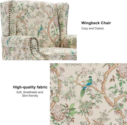 Accent Chair, Upholstered High Back Floral Armchair with Nailhead Trim & Wood Legs, Comfy Wingback Reading Single Sofa Chair for Small Spaces, Living Room, Bedroom