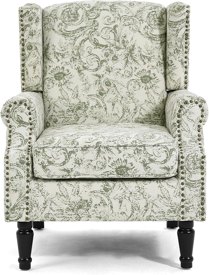 UIXE High Back Floral Accent Chairs Set of 2, Fabric Upholstered Armchair Wingback Arm Chair for Living Room, Nailhead Trim Single Sofa Bedroom Side Reading Seat with Solid Wood Legs - Rococo Green