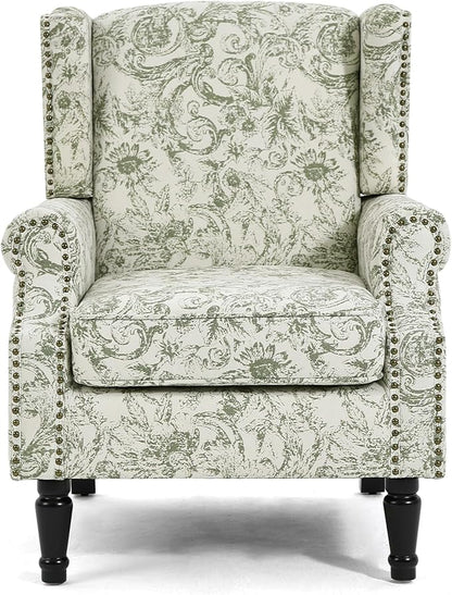 UIXE High Back Floral Accent Chairs Set of 2, Fabric Upholstered Armchair Wingback Arm Chair for Living Room, Nailhead Trim Single Sofa Bedroom Side Reading Seat with Solid Wood Legs - Rococo Green
